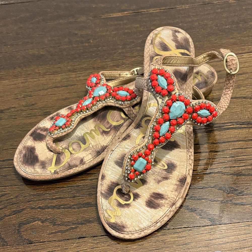 Sam Edelman Red and Tan Beaded Sandals